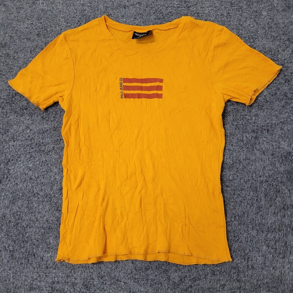Polo Jeans Co Ralph Lauren T Shirt Womens Size M Yellow Red Flag USA Cotton Tee